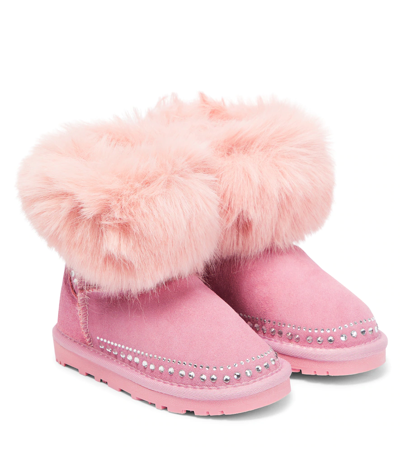 Monnalisa Kids' Embellished Faux Fur-trim Suede Boots In 粉色