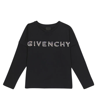 Givenchy Kids Black Long Sleeve T-shirt With Rhinestone Logo In Nero