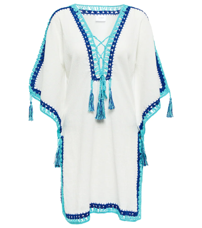 Anna Kosturova Penelope Cotton Kaftan Minidress In White Turquoise Cobalt