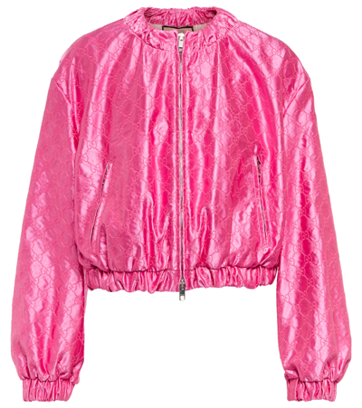 Gucci Gg Embroidered Silk Bomber Jacket In Fucsia