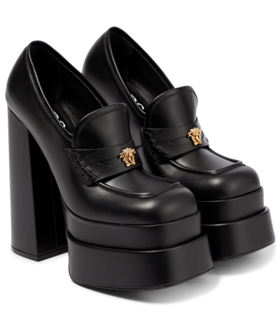 Versace Aevitas Leather Platform Loafer Pumps In Black-gold