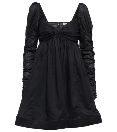 Zimmermann Violet Twist-front Gathered Cotton-voile Mini Dress In Nero