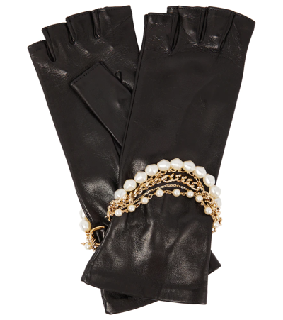 Dolce & Gabbana Black Nappa Leather Gloves With Bejeweled Bracelet Embellishment In Nero