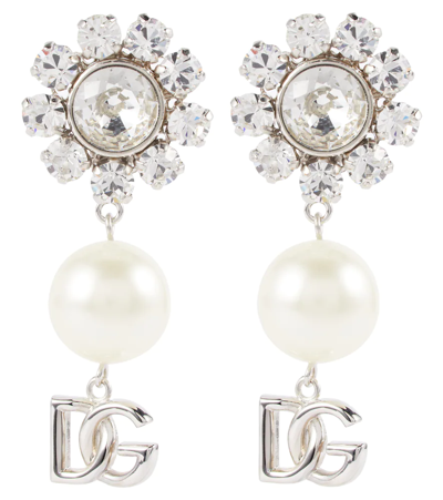 Dolce & Gabbana Rhinestone And Faux Pearl Dg Logo Clip-on Earrings In Silver