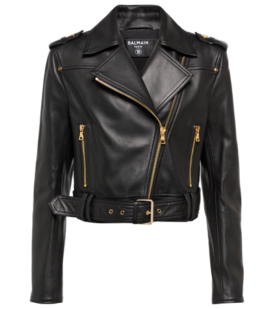 Balmain Cropped Leather Biker Jacket In Black
