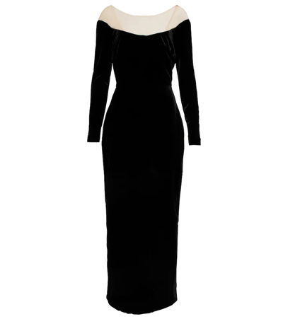 Monique Lhuillier Mesh-trimmed Velvet Gown In Noir