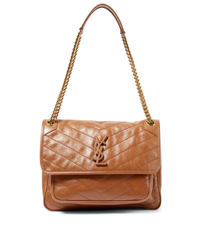 Saint Laurent Niki Baby Medium Quilted Crinkled-leather Shoulder Bag In Light Caramel