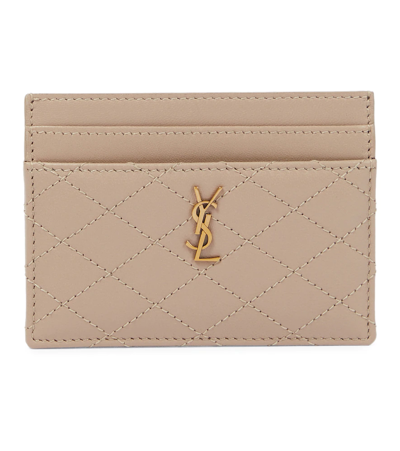 Saint Laurent Gaby Ysl Quilted Lambskin Card Case In Dark Beige