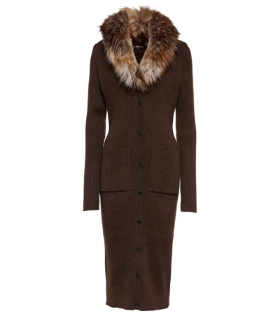 Saint Laurent Faux-fur And Wool Knitted Cardigan Dress In Marrone
