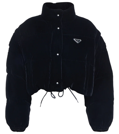 Prada Convertible Cropped Velvet Down Jacket In Black