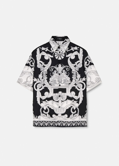 Versace Informal Shirt In Silk With Silver Baroque Print In Black