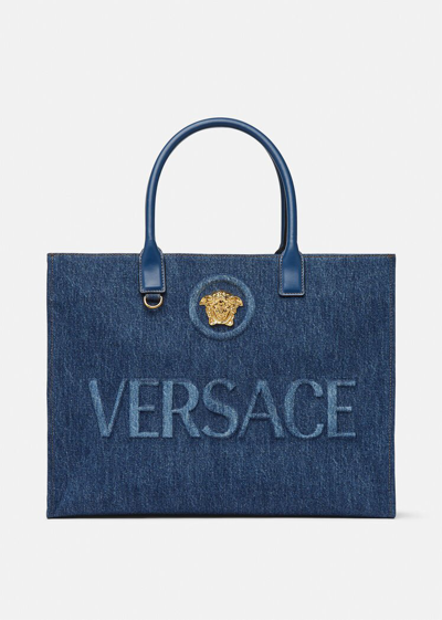 Versace La Medusa Denim Large Tote Bag In Blue