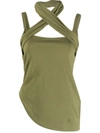 Attico Yuri Asymmetric Cutout Stretch-jersey Halterneck Top In Olive