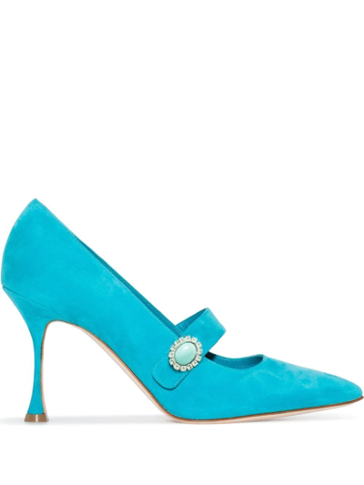 Manolo Blahnik Blue Porra 90 Crystal Button Suede Pumps