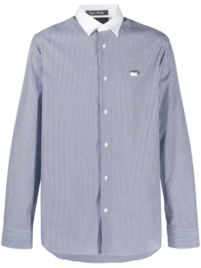 Philipp Plein Logo-print Striped Cotton Shirt In Blau