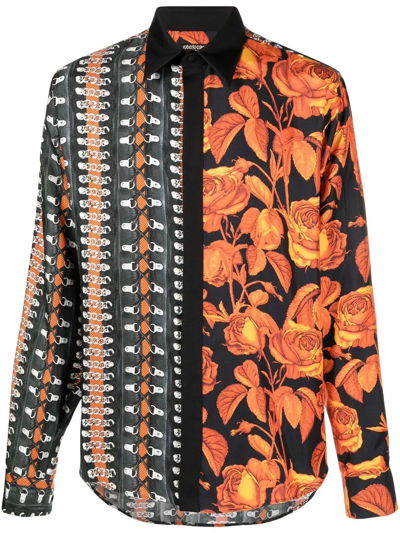 Roberto Cavalli Patchwork Rose-print Silk Shirt In Black