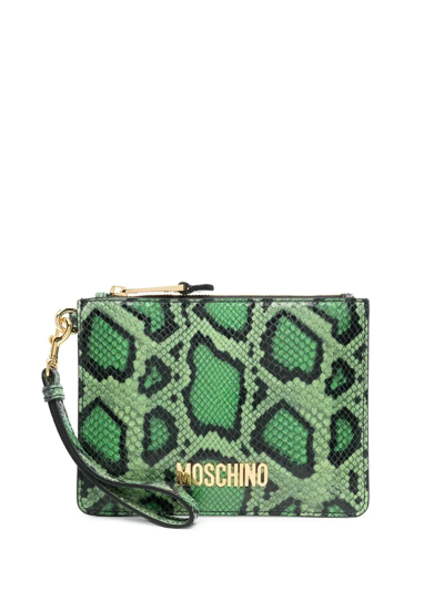 Moschino Python-print Leather Clutch Bag In Grün