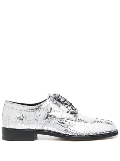 Maison Margiela Tabi Split-toe Metallic Textured-leather Derby Shoes In Silver