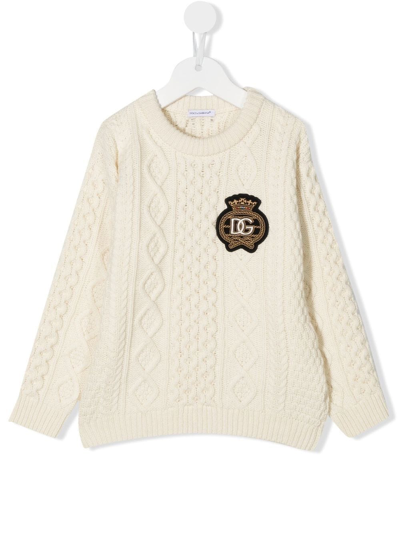 Dolce & Gabbana Logo-patch Cable-knit Jumper In Nude