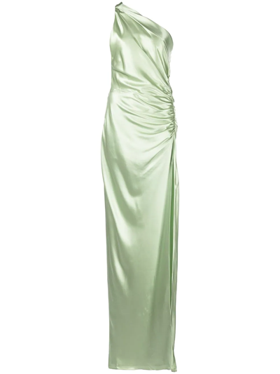 Michelle Mason Gathered-detail One-shoulder Silk Gown In Green