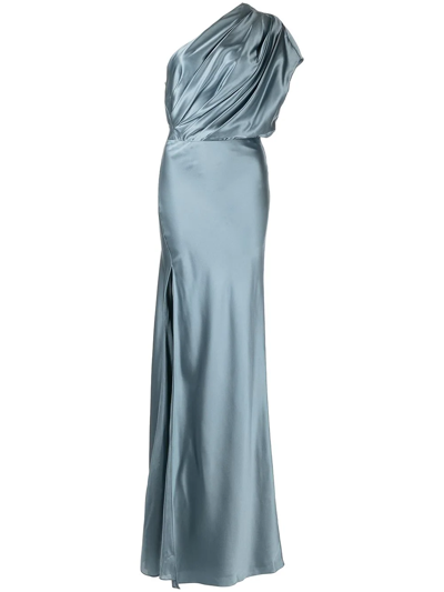 Michelle Mason Asymmetric Open Back Gown In Blau