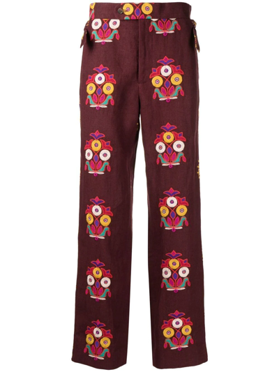 Bode Patterned Tailored Linen Trousers In Maroon Multi