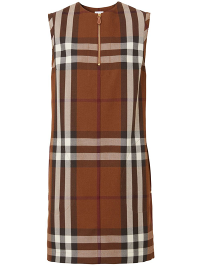 Burberry Sleeveless Check Wool Cotton Jacquard Dress In Dark Birch Brown