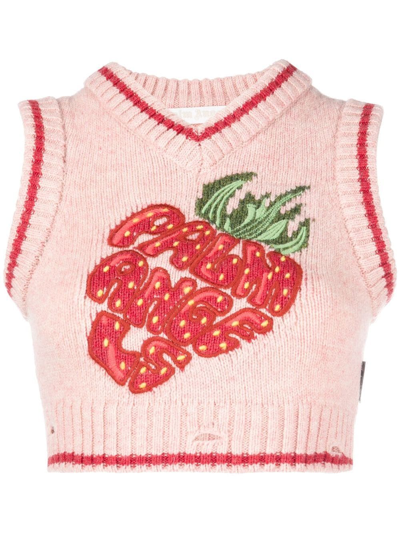 Palm Angels Strawberry Embroidered Knit Vest In Rosa