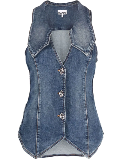 Ganni Blue Sleeveless Button-up Denim Waistcoat