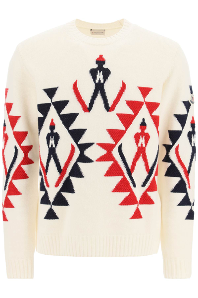 Moncler Graphic-embroidered Crewneck Wool Jumper In White