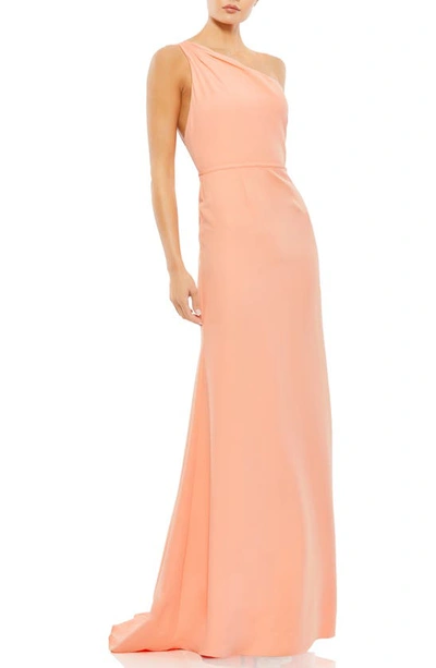 Mac Duggal One-shoulder Jersey Mermaid Gown In Peach