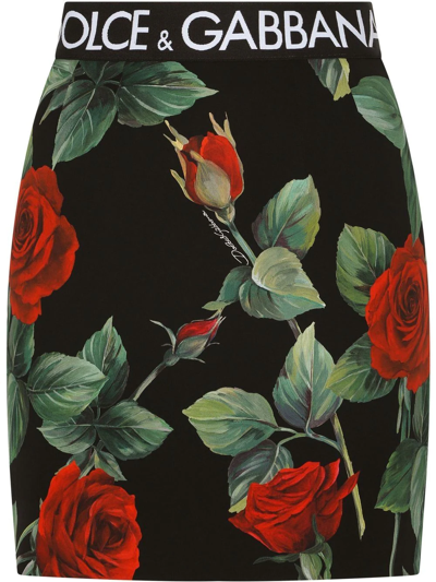 Dolce & Gabbana Logo Band Rose-print Charmeuse Mini Skirt In Black