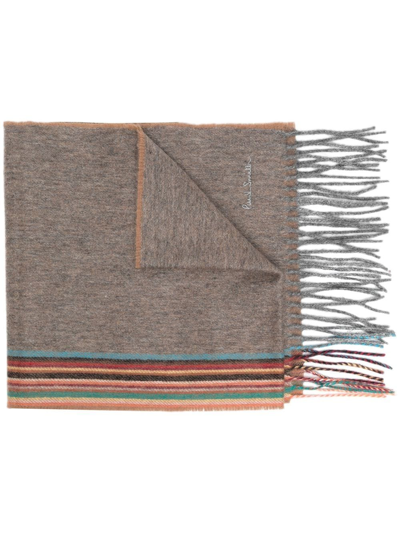 Paul Smith Fringed Striped Brushed Wool And Cashmere-blend Scarf In Beige,green,blue