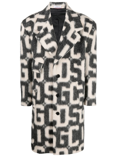 Gcds Monogram-print Single-breasted Coat In Black,beige