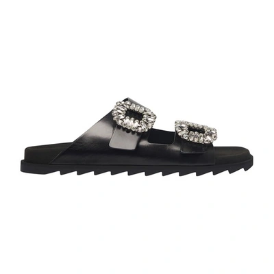 ROGER VIVIER SLIDY VIV' STRASS BUCKLE MULES IN LEATHER