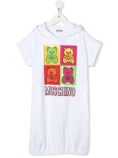 Moschino Kids' Teddy Bear Motif Hooded Dress In White