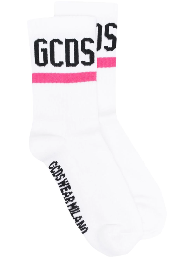Gcds Ribbed-knit Logo Embroidered Socks In Bianco