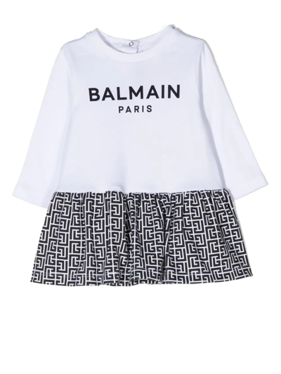 Balmain Babies' Monogram Logo-print Dress In 白色