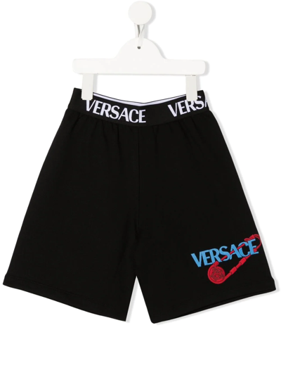 Versace Kids' Logo-waistband Track Shorts In 黑色