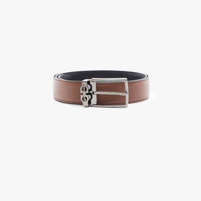 Ferragamo Stamped Leather Reversible Gancini Belt In Brown