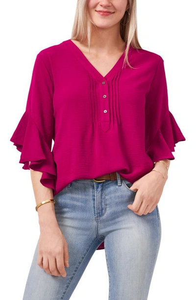 Vince Camuto Flutter Sleeve Henley Blouse In Fuchsia Fury