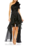 Mac Duggal Rosette One-shoulder High-low Gown In Black