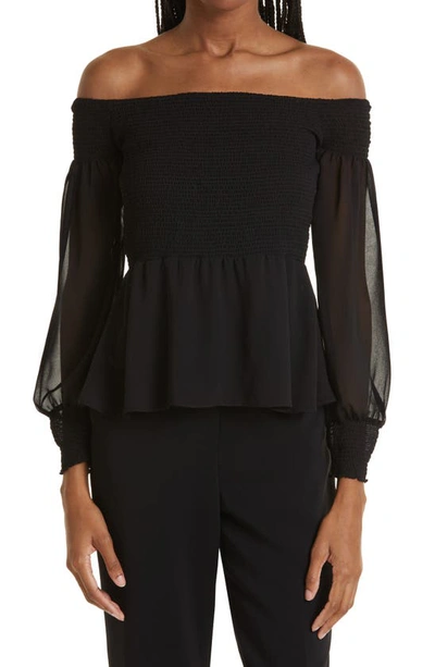 Donna Karan Georgette Smocked Off-the-shoulder Top In Black