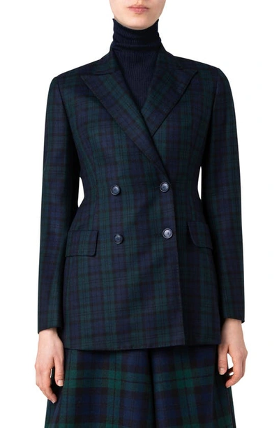 Akris Plaid Long Double Breasted Cashmere Blazer In Navy Gallus Green