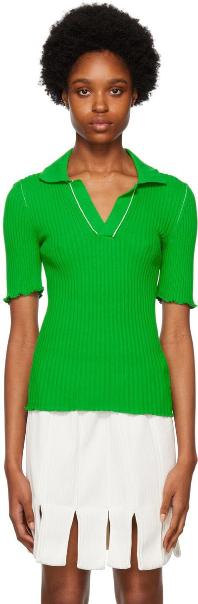 Bottega Veneta Ribbed Open-collar Cotton Knit Top In Green