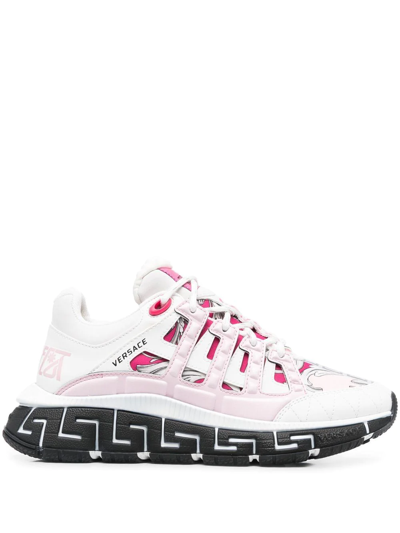 Versace Trigreca Leather And Fabric Sneakers In Pink,fuchsia,white
