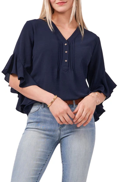 Vince Camuto Flutter Sleeve Henley Blouse In Classic Navy