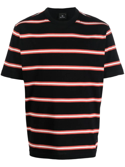 Ps By Paul Smith Stripe-print Organic-cotton T-shirt In Black