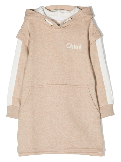 Chloé Kids Hooded Dress In Beige Cotton Fleece