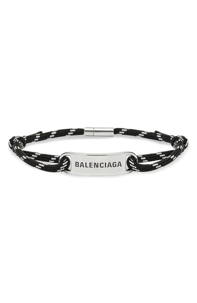 Balenciaga Plate Logo-engraved Corded Choker In Black/ White/ Silver